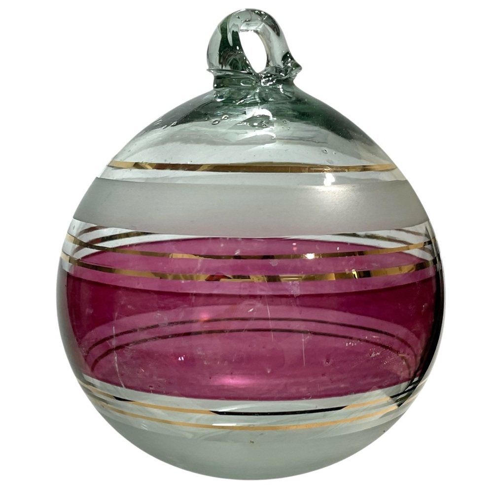 Vintage 1980s Large Handblown Glass Ornament - Cranberry Red, Frosted & Golden